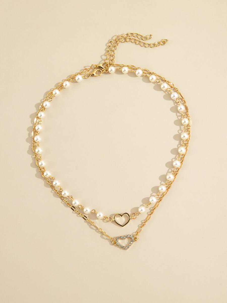 2pcs Faux Pearl & Heart Decor Necklace