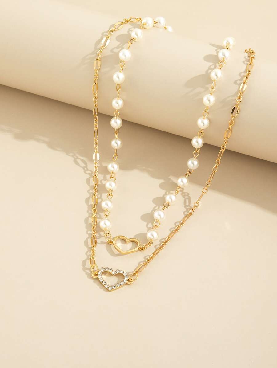2pcs Faux Pearl & Heart Decor Necklace