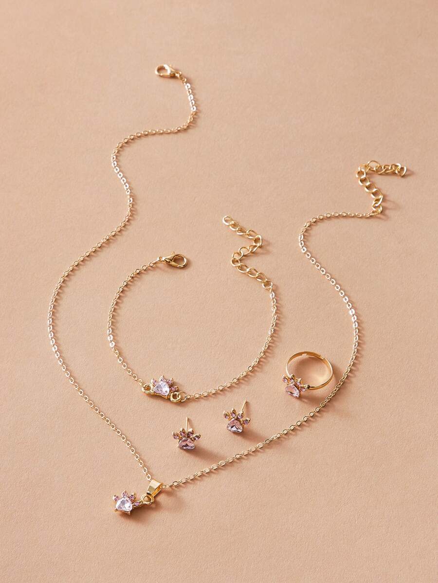 5pcs Rhinestone Charm Necklace & Earrings & Bracelet & Ring