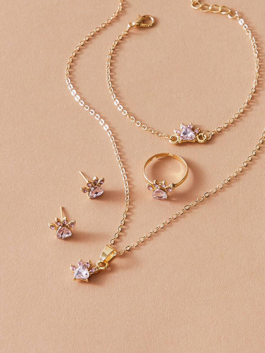 5pcs Rhinestone Charm Necklace & Earrings & Bracelet & Ring