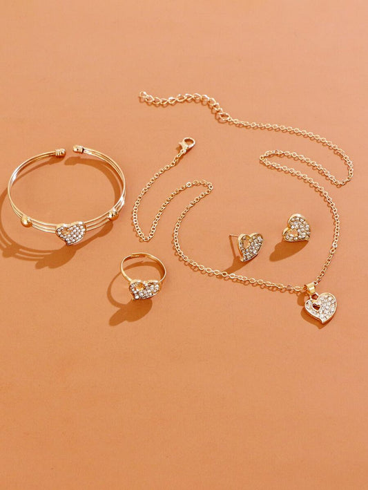 5pcs Rhinestone Heart Decor Jewelry Set