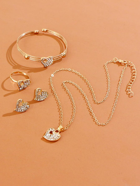 5pcs Rhinestone Heart Decor Jewelry Set