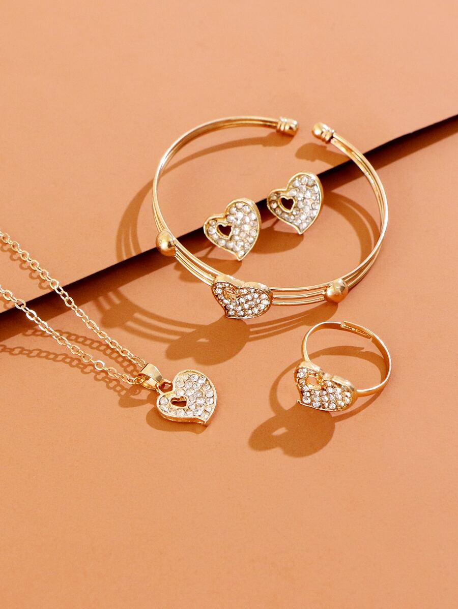 5pcs Rhinestone Heart Decor Jewelry Set
