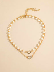 2pcs Faux Pearl & Heart Decor Necklace