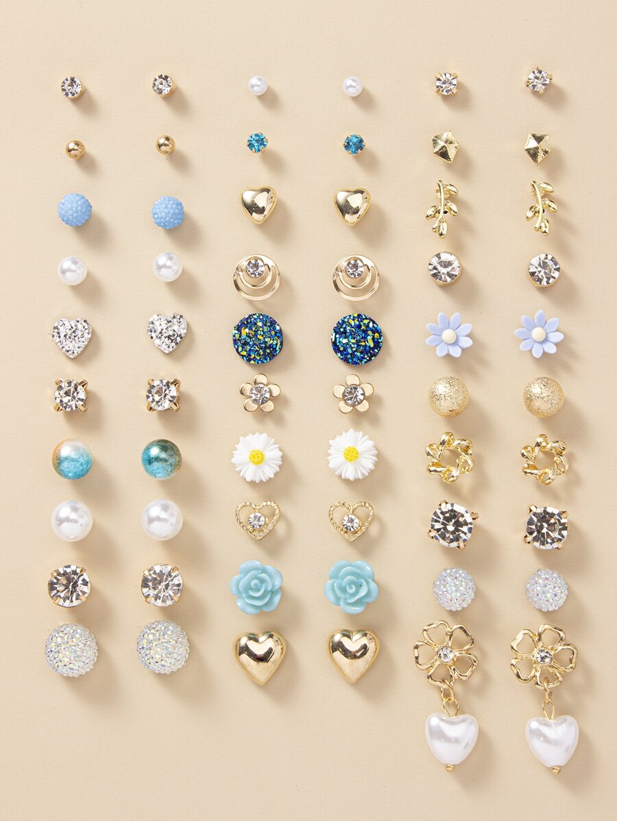 30pairs Rhinestone & Faux Pearl Decor Stud Earrings