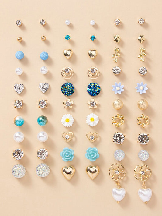 30pairs Rhinestone & Faux Pearl Decor Stud Earrings