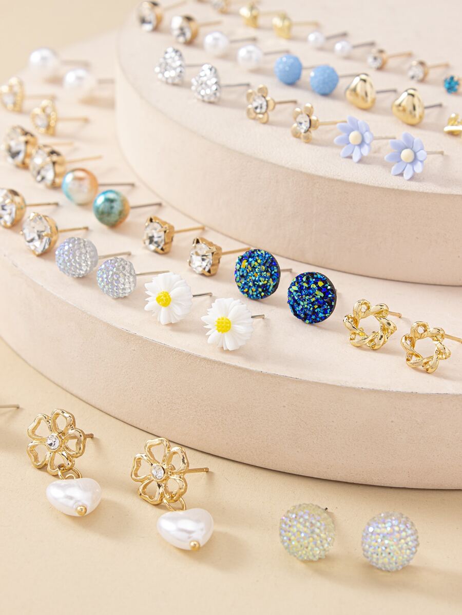 30pairs Rhinestone & Faux Pearl Decor Stud Earrings
