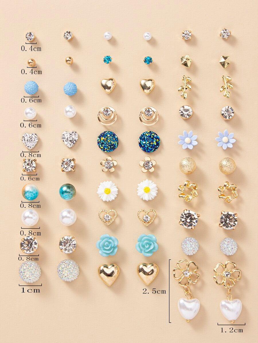 30pairs Rhinestone & Faux Pearl Decor Stud Earrings