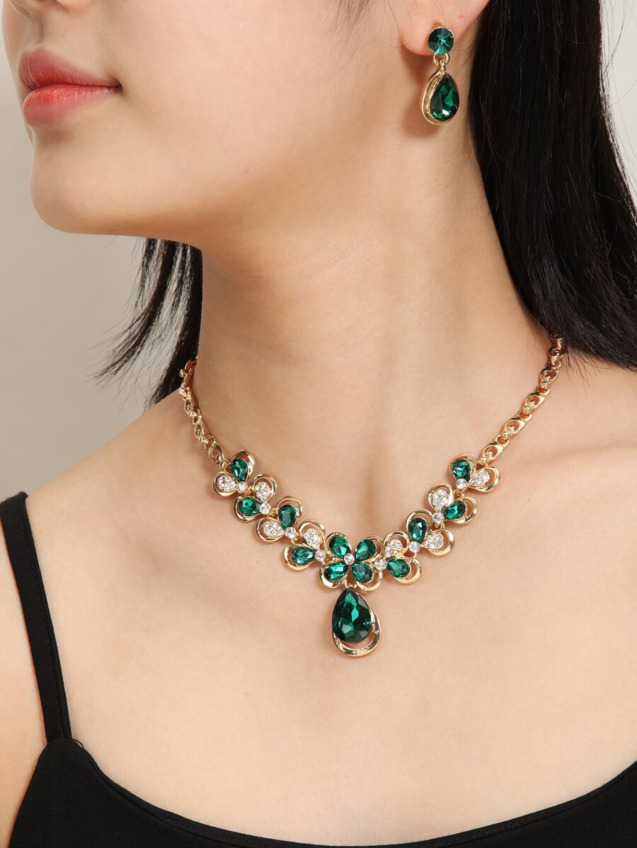 Rhinestone Decor Water-drop Pendant Necklace & Drop Earrings