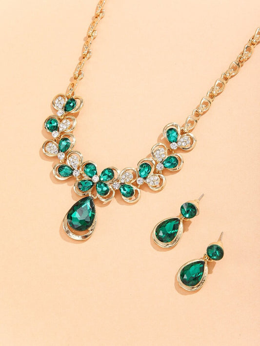 Rhinestone Decor Water-drop Pendant Necklace & Drop Earrings