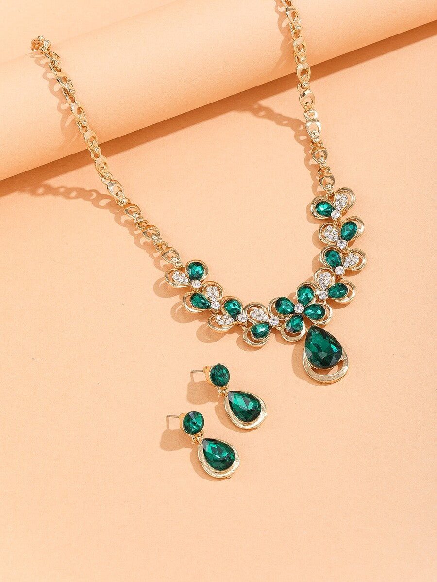 Rhinestone Decor Water-drop Pendant Necklace & Drop Earrings