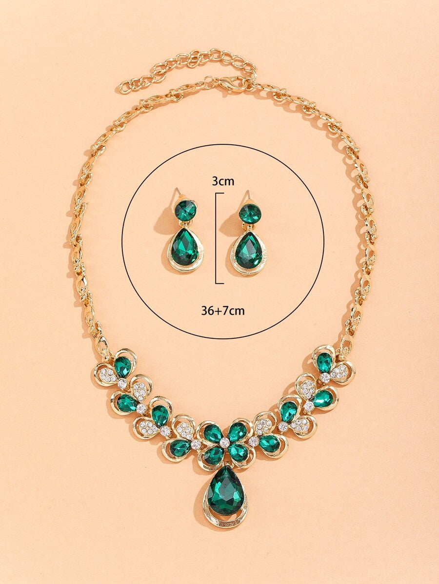 Rhinestone Decor Water-drop Pendant Necklace & Drop Earrings
